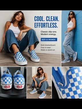 Vans Blue White Checkerboard Slip On Sneakers Women’s 6.5 Cool Retro